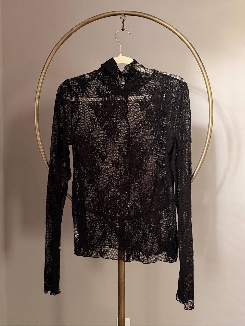 Free People Black Sheer Lace Long Sleeve Top